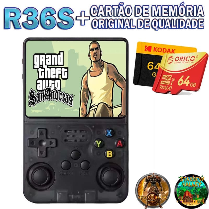 Video Game Portatil R36S + Cartão Original 64GB / 128GB com Milhares de jogos - pronta entrega