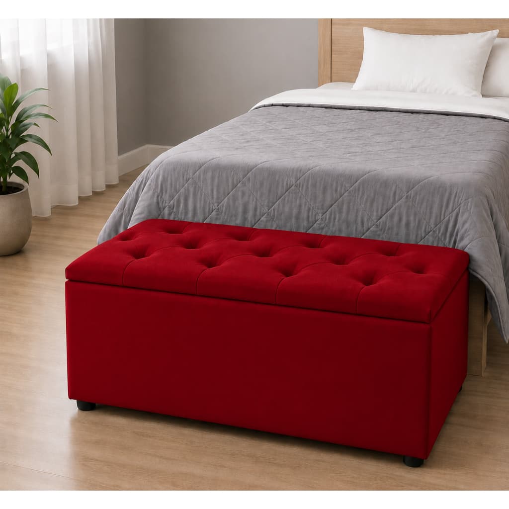 Báu Organizador Capitonê Suede Vermelho para Cama de Solteiro 90X45X40