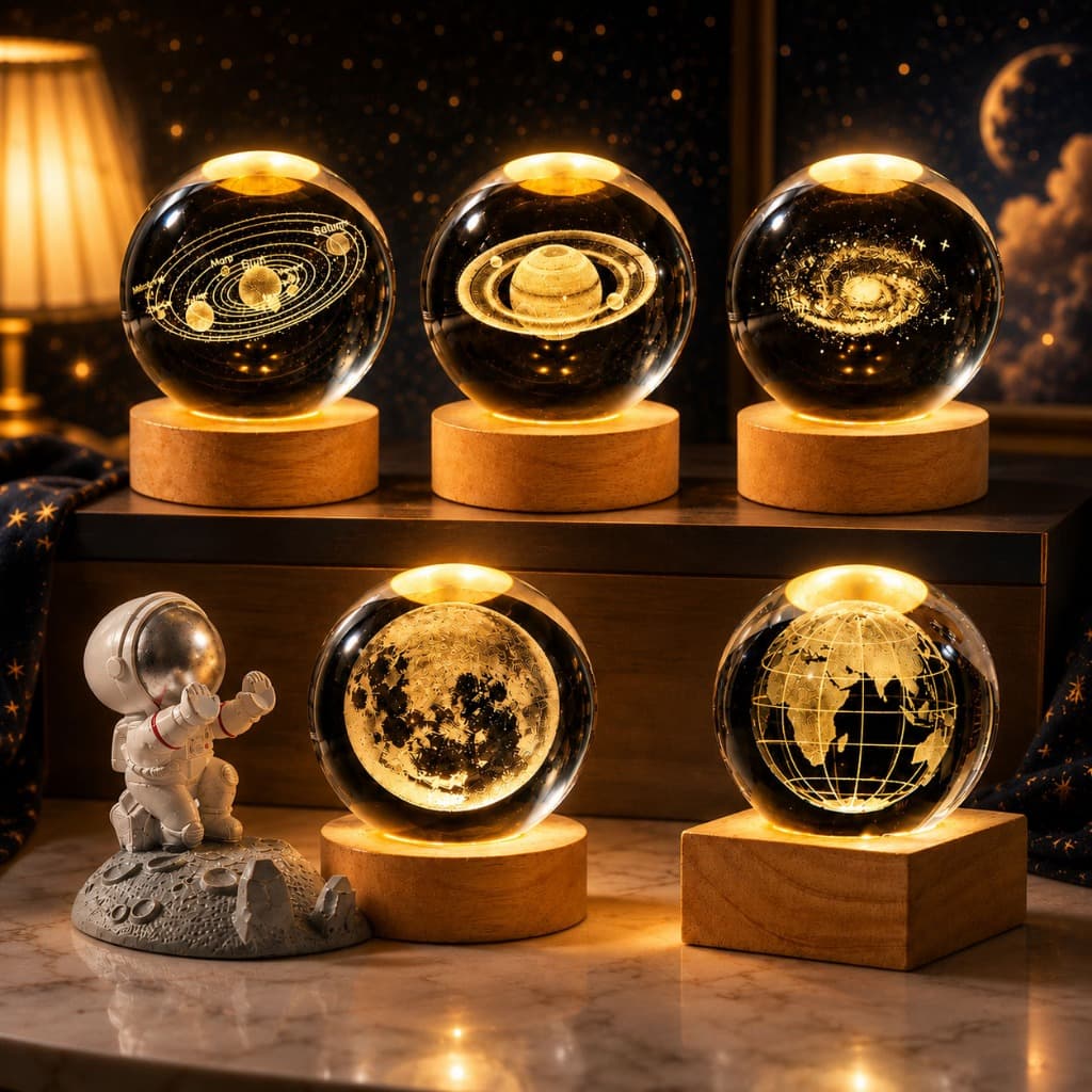 2PCS Crystal Ball Gllowing Night Lamp Desktop Ornament Base de madeira