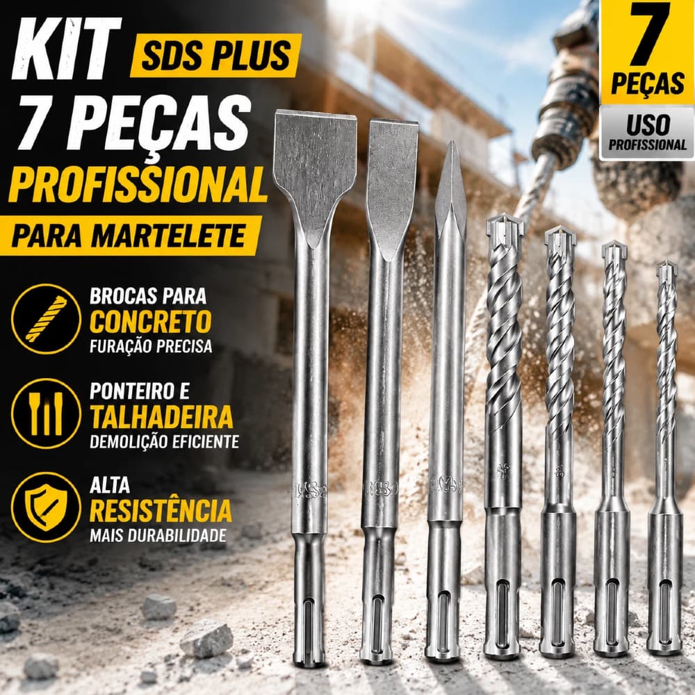 Kit 7 Peças SDS Plus para Martelete Profissional Ponteiro,Talhadeira e Brocas para Demolição e Furação