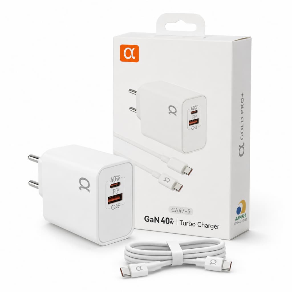 Carregador de Carregamento Turbo 40W Fonte 3A Torre Carregar Celular Tipo-C com Cabo Lightning(ios) GOLD