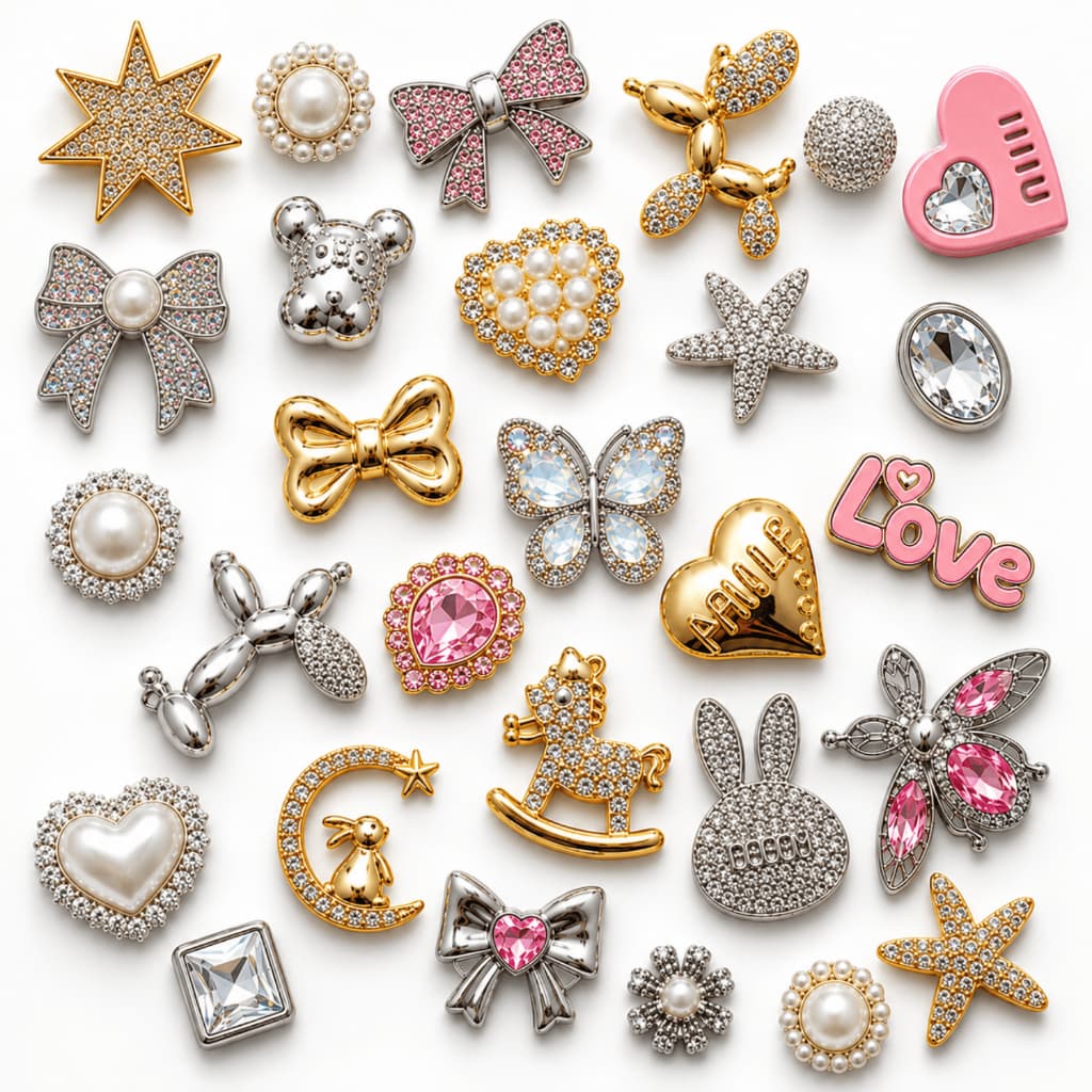 Kit 6 Charms Botton Decoração Babuche Sandália Emborrachada Acabamento Metálico Brilho Strass Crock