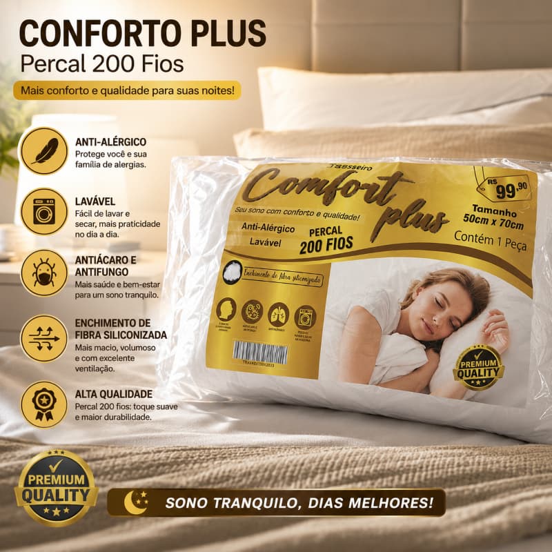 KIT Travesseiro Comfort Plus Macio 200 Fios 50X70 Lavável Enchimento De Fibra Siliconizada Antialérgico E Antimofo