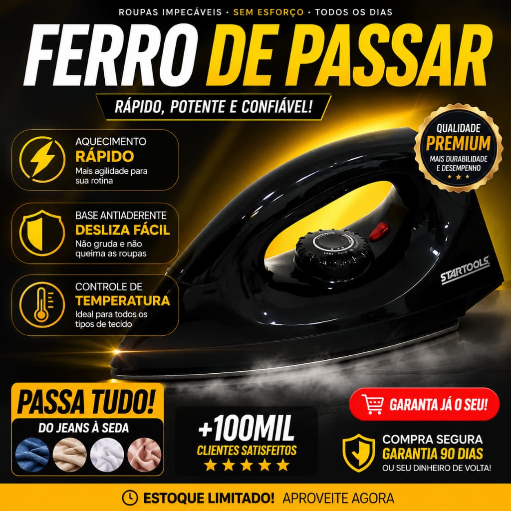 Ferro de Passar Roupa Seco 127V  OU 220V | Base Antiaderente | Aquecimento Rápido | Leve | Preto