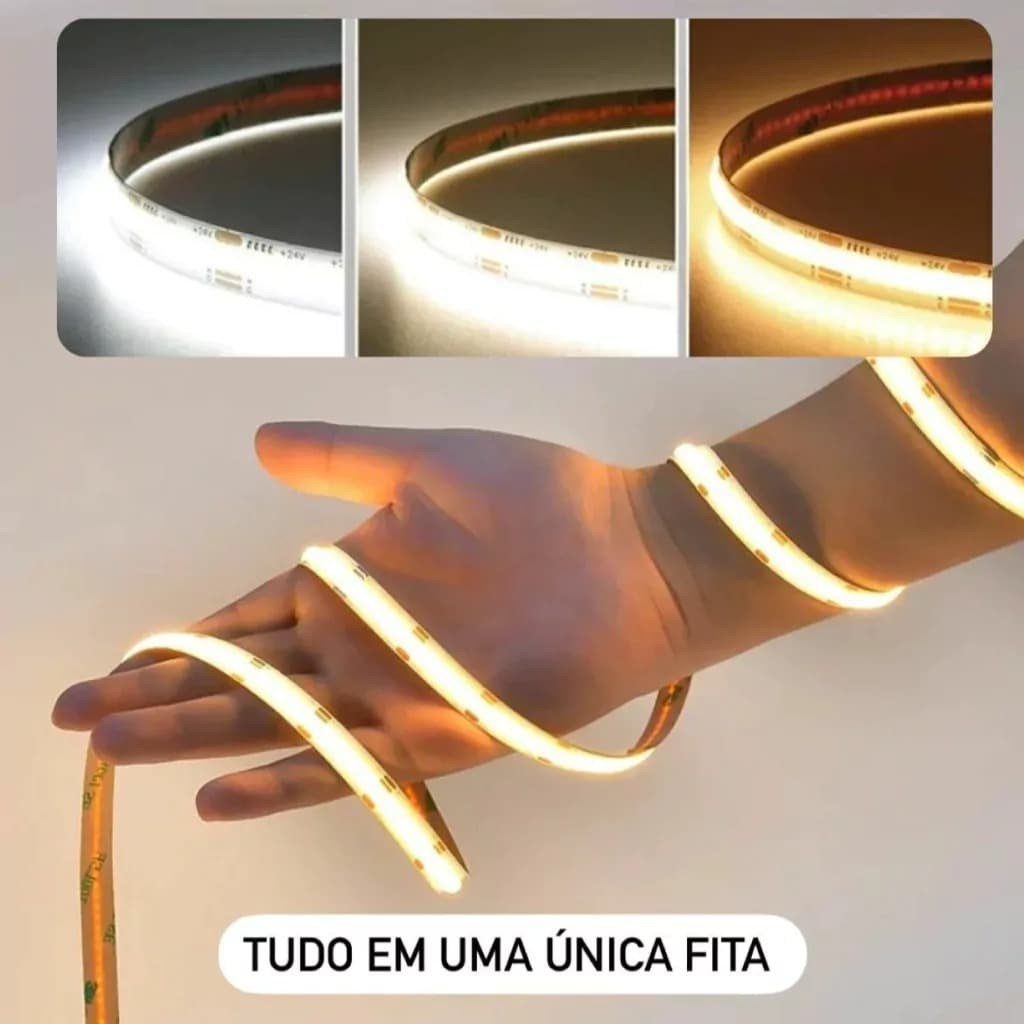 Fita LED COB 5 Metros 480 LEDs/m 12V Dimerizável + Controle Remoto + Dimmer 3 Tonalidades de Branco