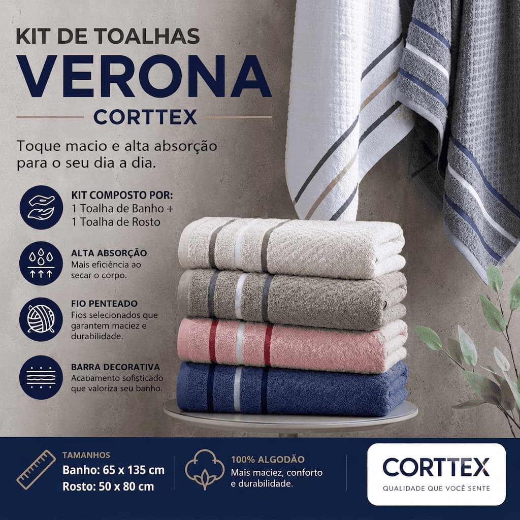 Kit Jogo Toalha de Banho e Rosto Corttex Verona Fio Penteado Alta Absorção 350 g/m²