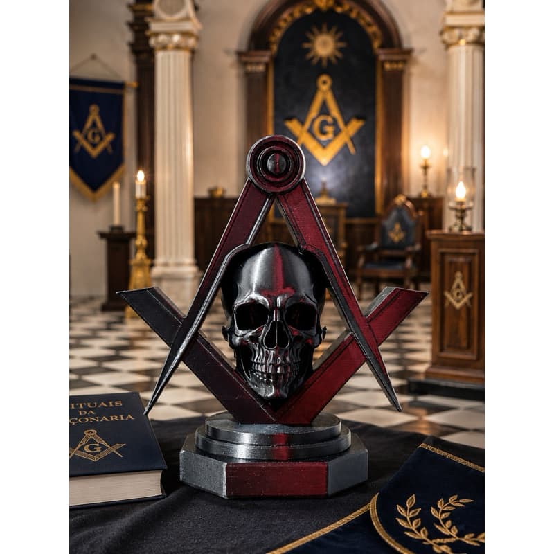 Caveira Maçônica no Esquadro e Compasso 13cm | Peça Decorativa em Impressão 3D Exclusiva