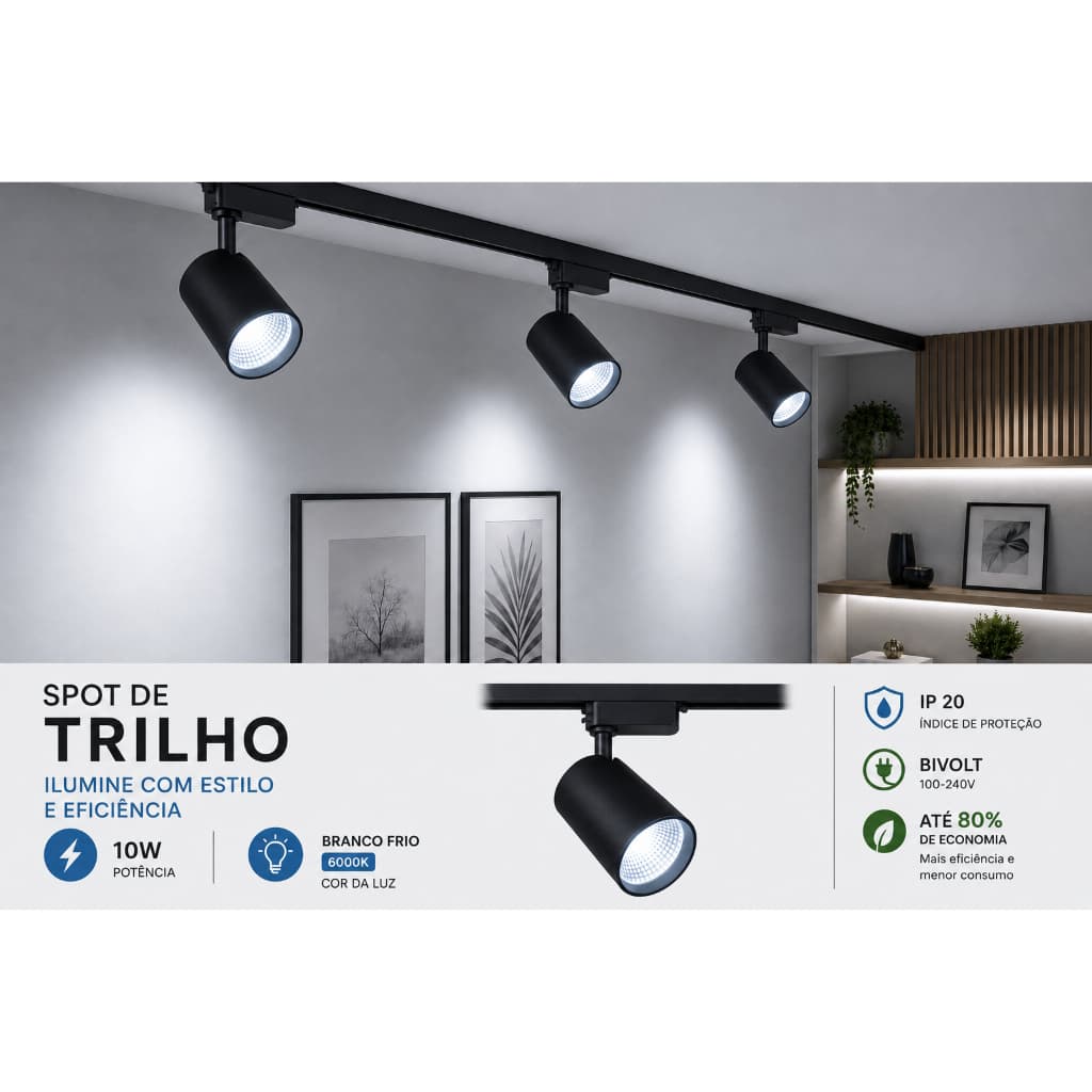 Kit Trilho eletrificado branco / preto com 3 spots branco quente ou branco frio 10W Mayler 6000k/3000k direcionáveis