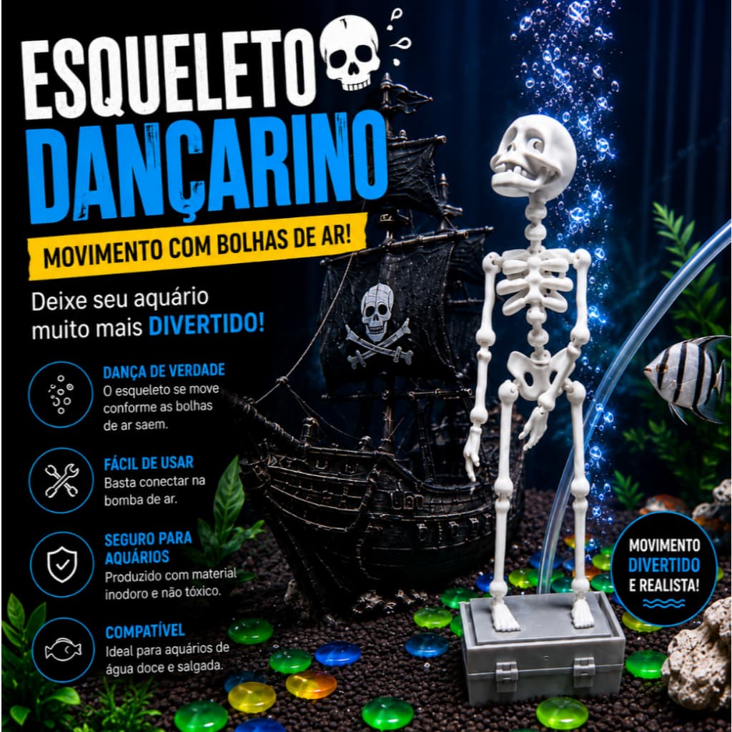 Esqueleto Dançarino para Aquário com Movimento por Bolhas de Ar Enfeite Divertido