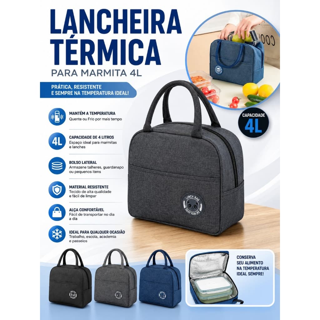 Bolsa Térmica para Marmita 4L Lancheira Térmica com Alça e Bolso Lateral Porta Marmita Refeição