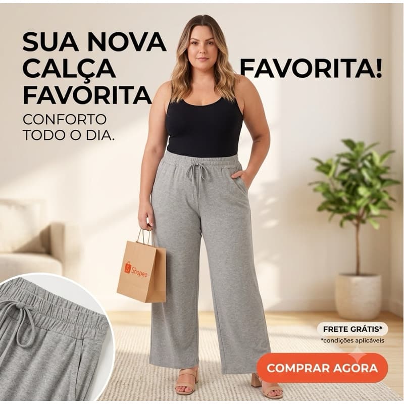 Calça Pantalona Feminina Plus Size Viscose Premium Cintura Alta Com Bolso Wide Leg Moda Casual Social Confortável