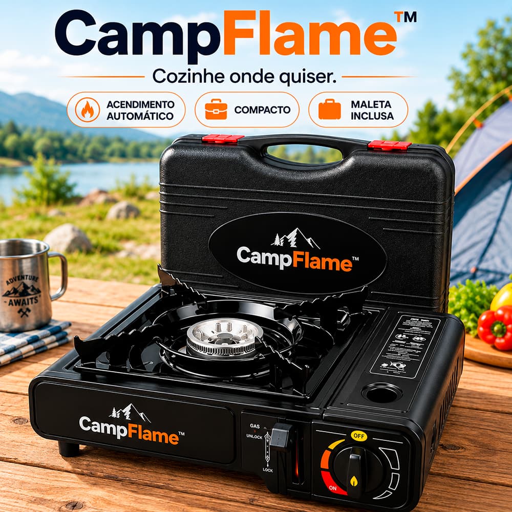 Fogareiro Portátil CampFlame™ com Maleta Acendimento Automático Compacto para Camping Pesca Churrasco Praia