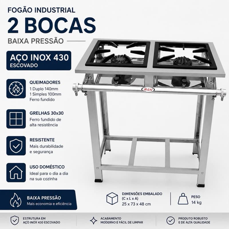 Fogão Industrial Inox Baixa Pressão 2 Bocas Cozinha Gourmet Restaurante