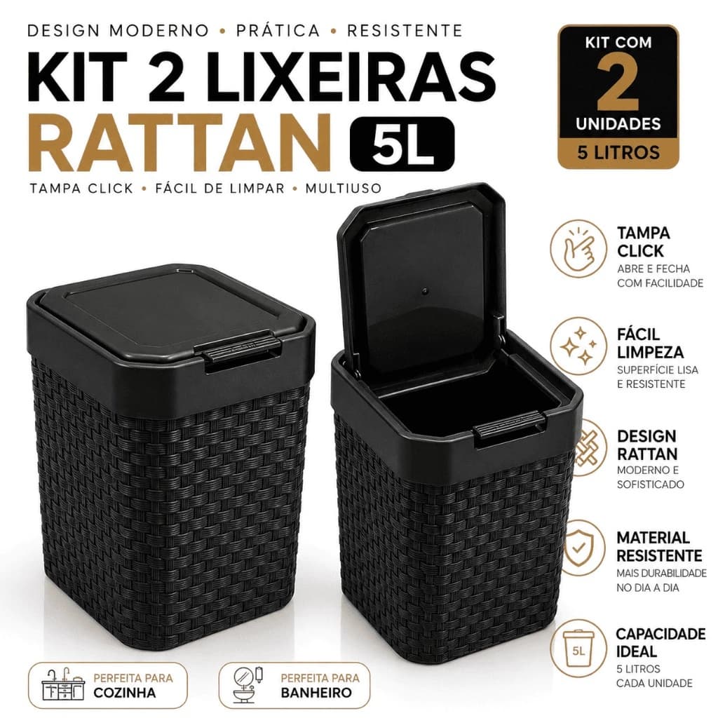 Kit 1 Ou 2 Lixeiras Rattan 5 Litros Tampa Click Banheiro Lavabo Cozinha Compacta Decorativa