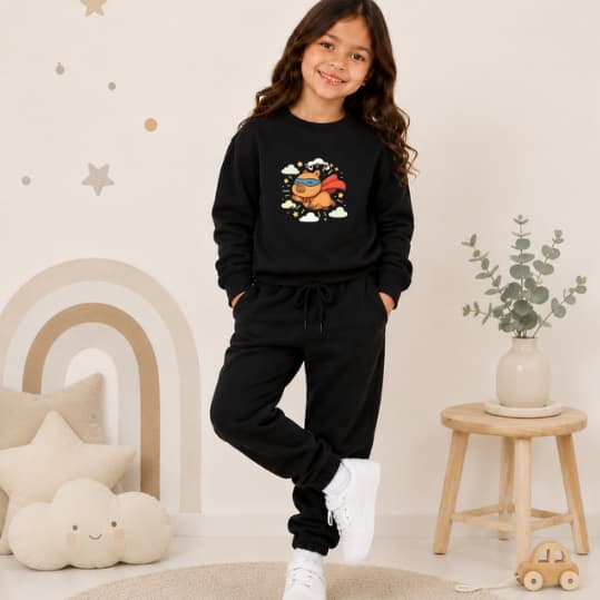Conjunto Moletom Blusa e Calça Gola Careca Infantil Várias Cores Estampa Capivara Super Heroi
