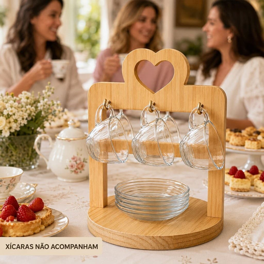 Suporte Para Xícaras Madeira Pinus 6 Ganchos Cantinho do Café com Coração Para Decoração