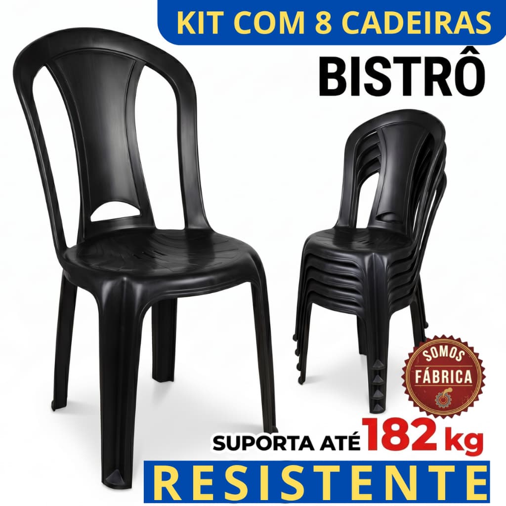 Jogo Kit 8 Cadeiras Resistente Até 182kg de Plástico INMETRO Preta Reforçada