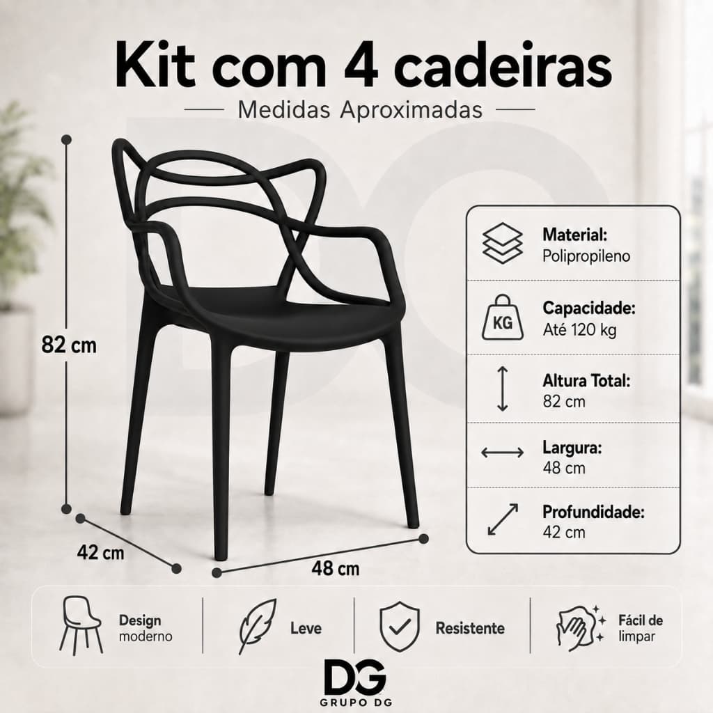 Kit 4 Cadeiras Empilháveis Minimalistas Para Ambientes Internos Externos