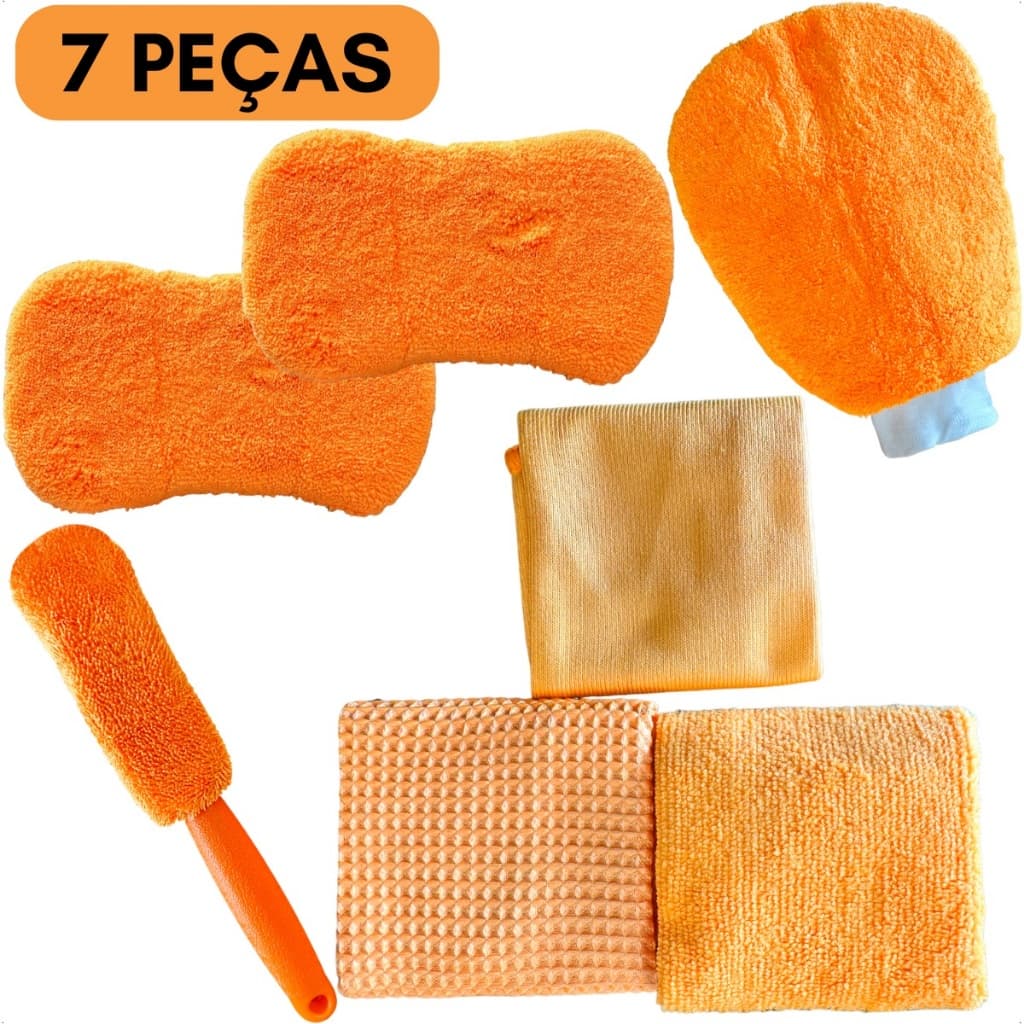 Kit Lavar Carros Motos Toalha Microfibra Esponja Luva Escova 7 Peças