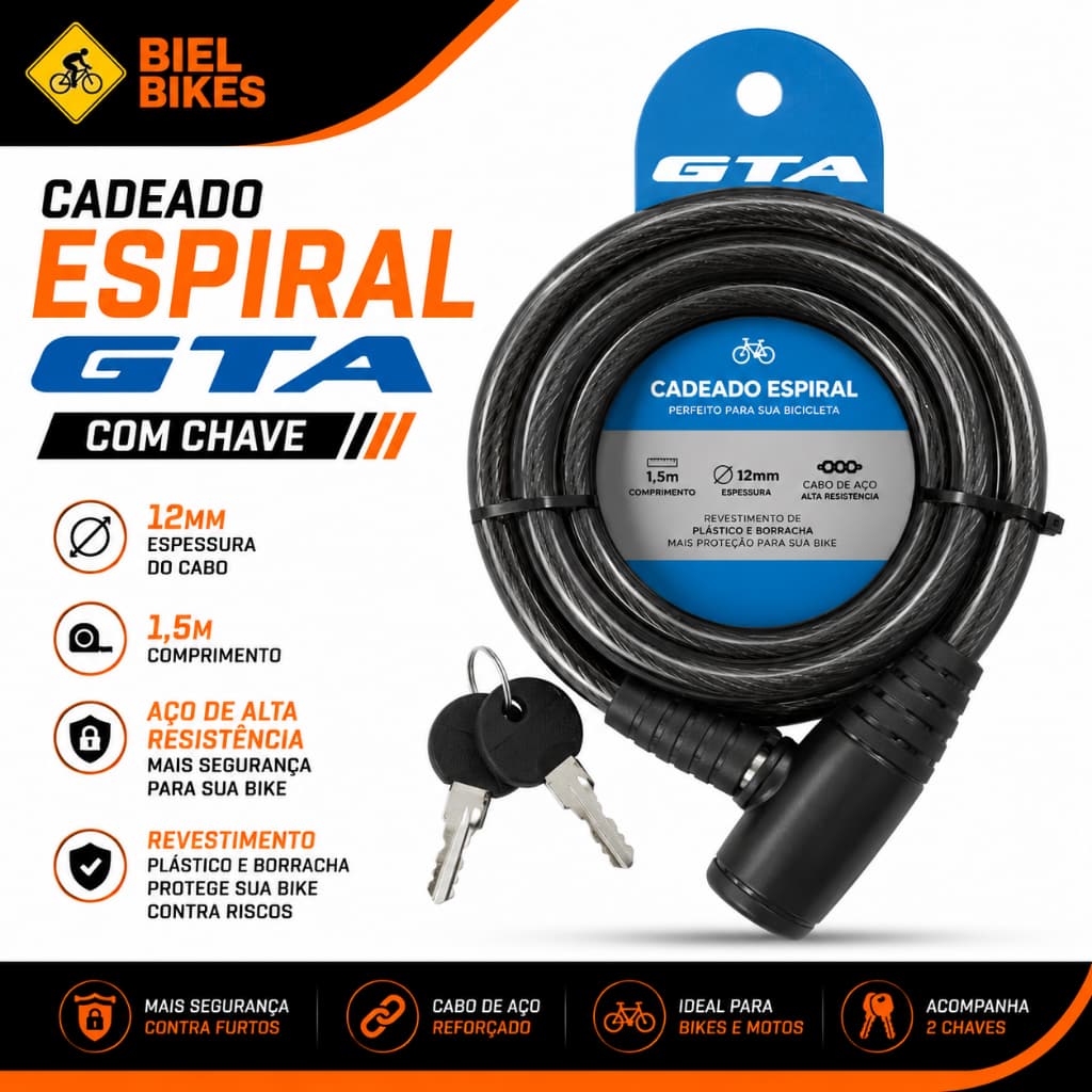 Cadeado Espiral GTA 12mm x 1,5m com Chave Cabo de Aço Revestido Preto para Bicicleta Moto Patinete