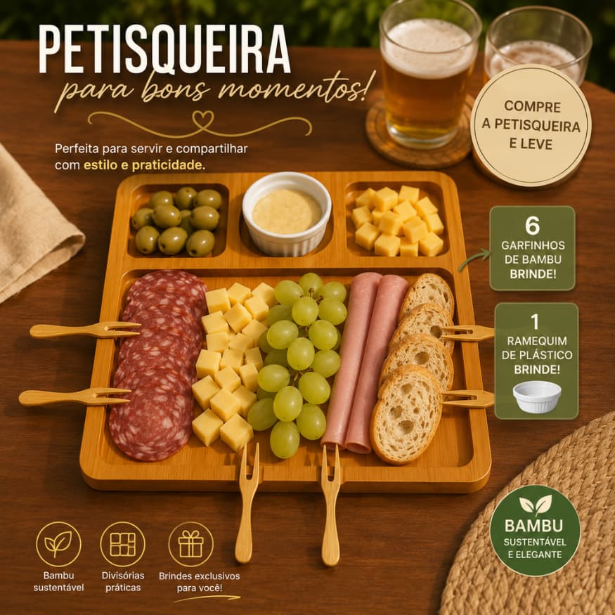 Petisqueira Bandeja Bambu 30cm x 30cm Tábua de Frios com Garfinhos de Bambu e Ramequim de Plástico