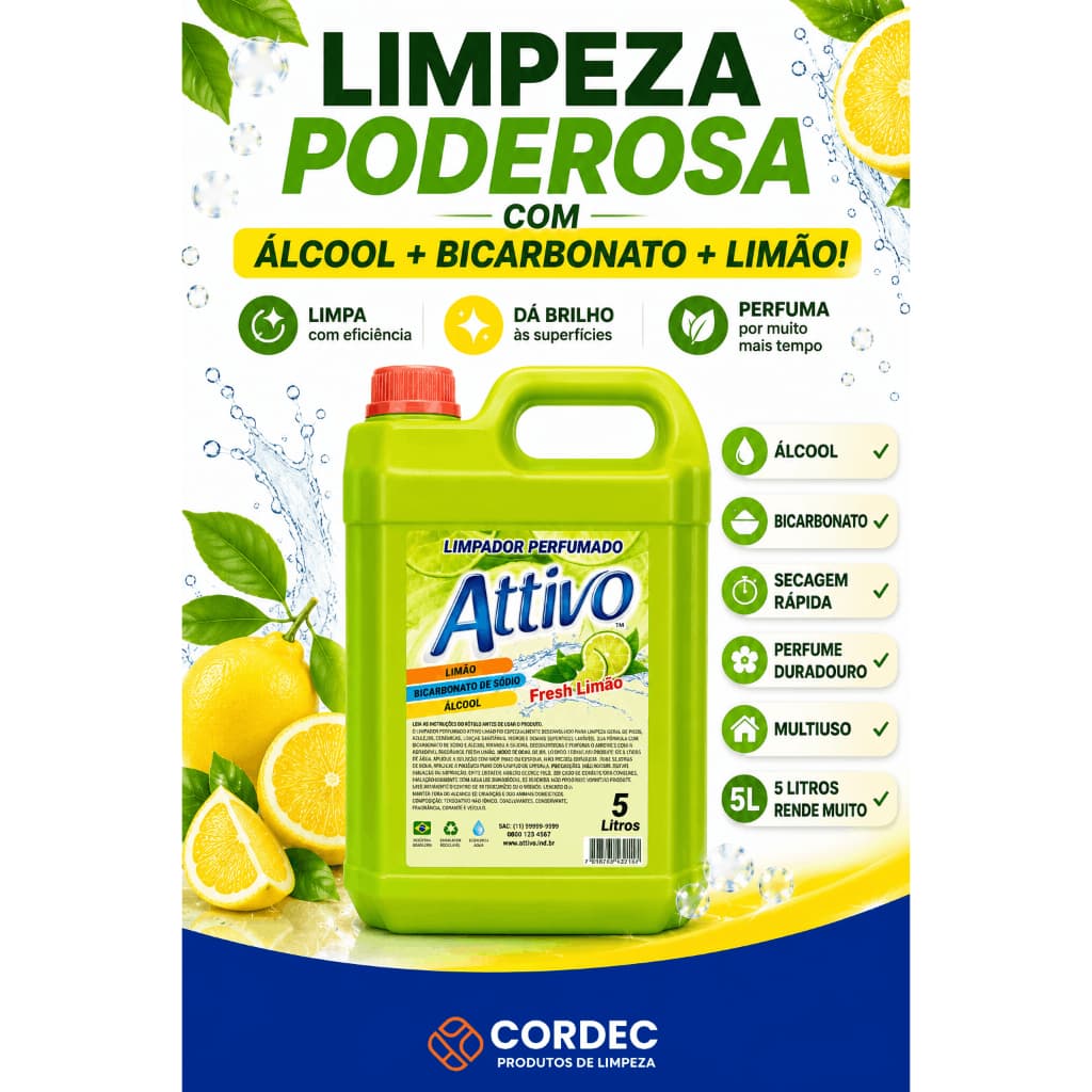 Limpador Fresh Limão 5L Attivo com Álcool e Bicarbonato | Limpa, Perfuma, Dá Brilho e Seca Rápido