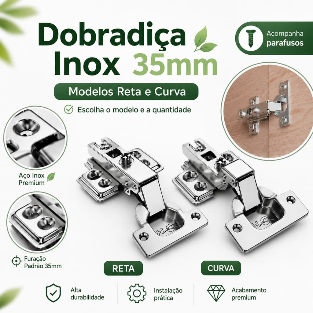 Kit Dobradiça 35mm para Armário Curva e Reta Móveis em Geral + Kit Parafusos