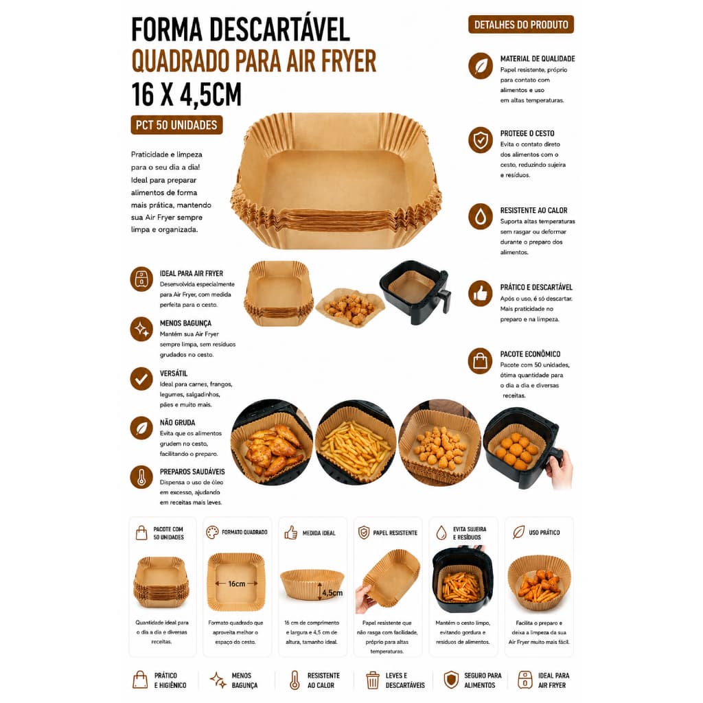 Forma Descartável Air Fryer Quadrada 16cm Pacote 50 Unidades Kit 50 Formas Descartáveis 16cm