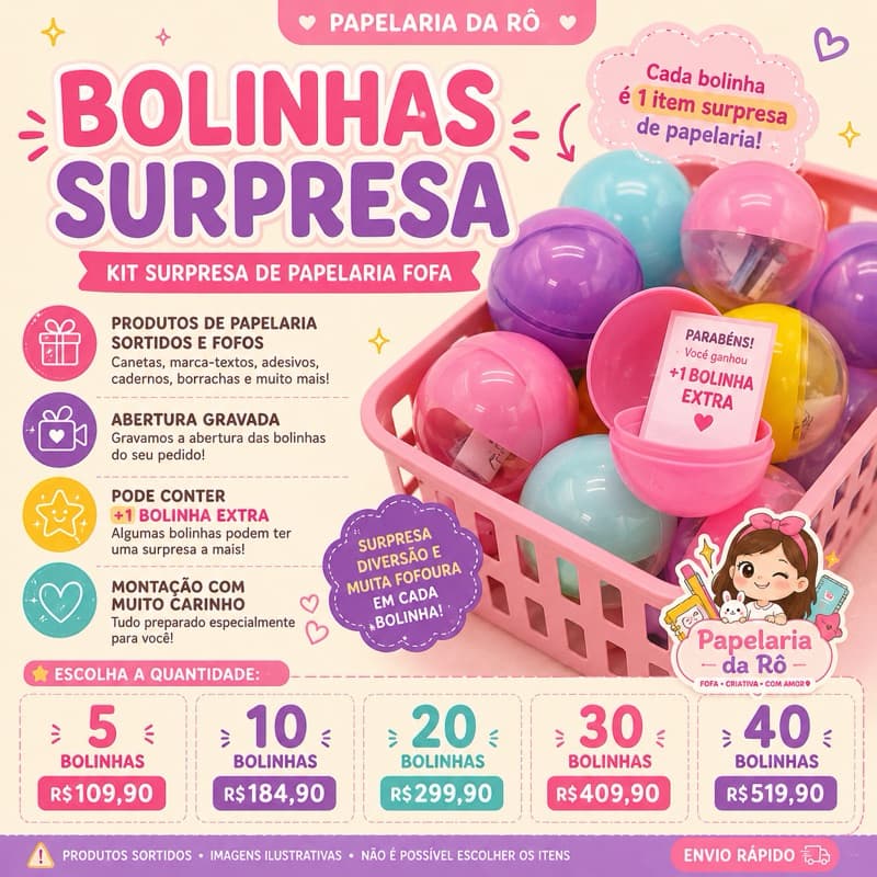 Bolinhas Surpresa Papelaria Fofa | Kit Surpresa com Produtos de Papelaria | Papelaria da Rô
