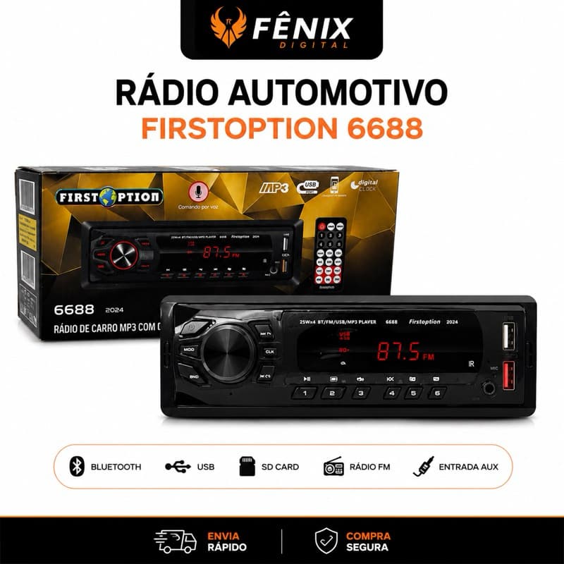 Rádio Automotivo Bluetooth Firstoption 6688 MP3 USB FM AUX Controle Remoto