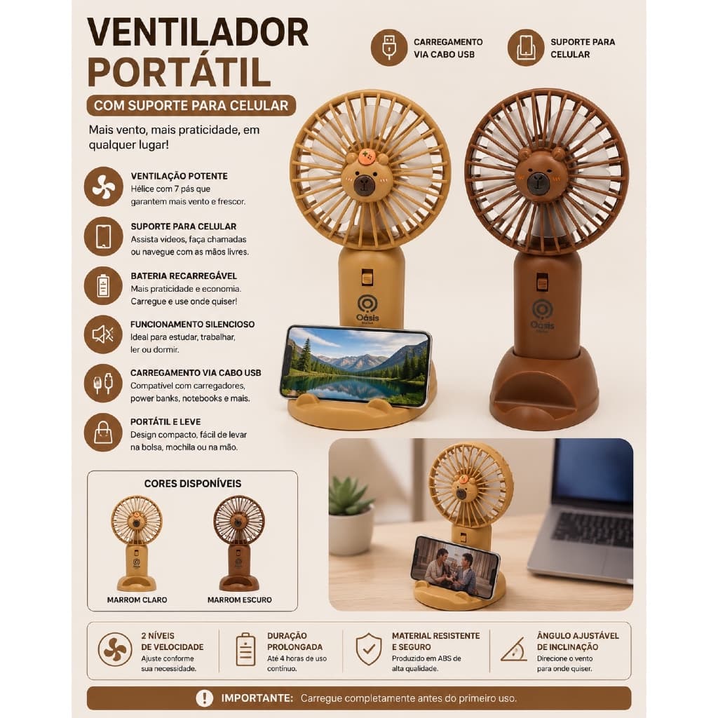 Ventilador Mesa Portatil Suporte Celular Recarregavel Duas Cores