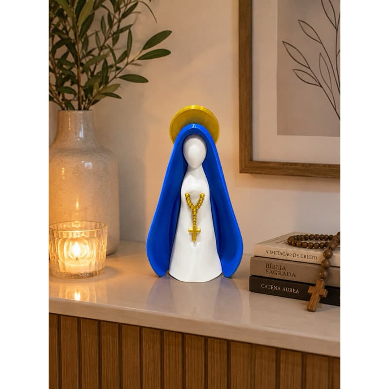 Escultura Decorativa Nossa Senhora com Manto Azul e Halo Dourado 19cm