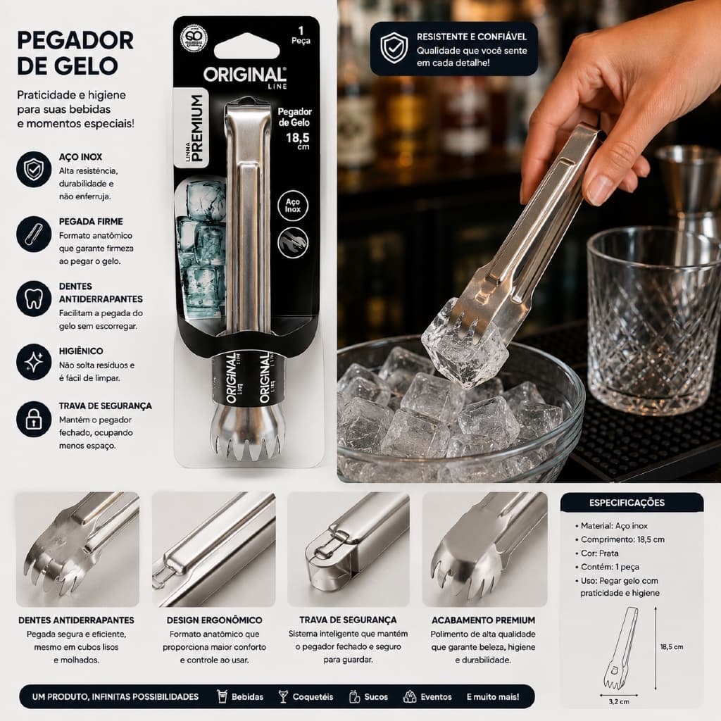 Pegador de Gelo Original Line — praticidade e higiene pras suas bebidas! 🧊
