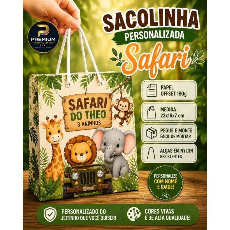 Sacolinha Personalizada Safari G | Nome e Idade | Festa Infantil | Lembrancinha | Pegue e Monte