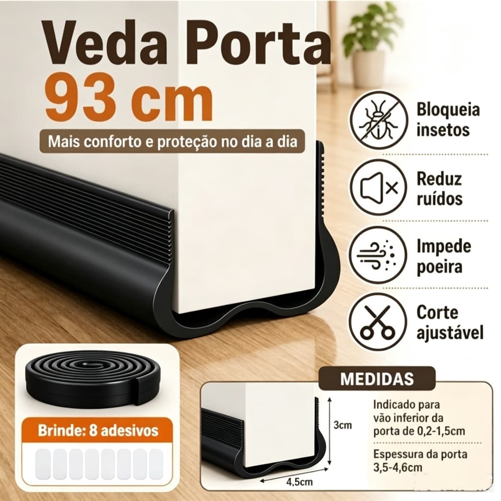 Vedação Inferior Flexível Em PVC Para Portas 93cm De Contra Insetos Ratos Poeira Vento Isolamento Acústico Cortável