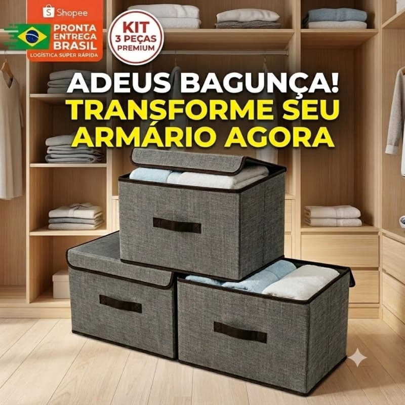 Kit 3 Caixas Organizadoras Dobráveis Tecido para Roupas Armário e Closet Multiuso+Opção Avulsa