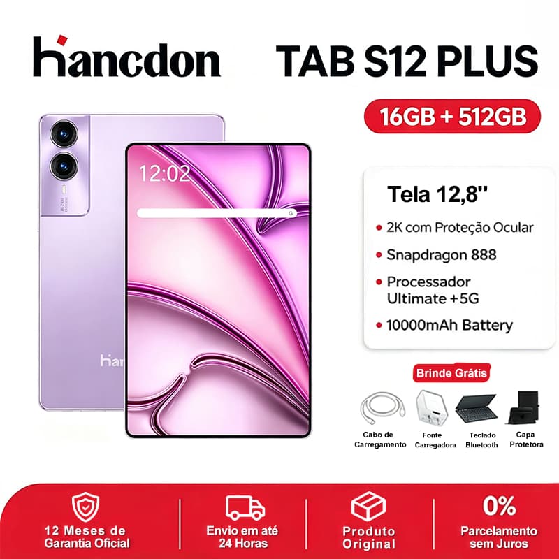 Hancdon Tab S12 Plus 12.8"Tela FHD [16+512GB]  |  Bateria 10000mAh | WiFi/5G LTE Snapdragon 888