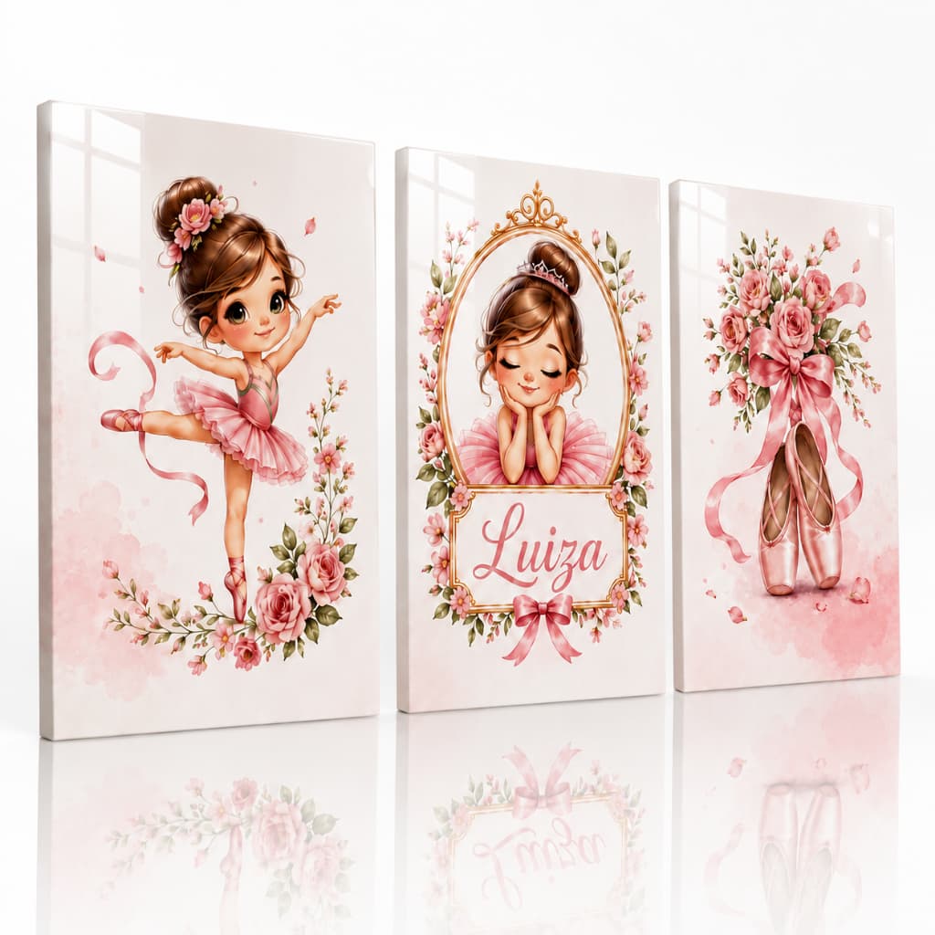 Kit 3 Quadros Bailarina Infantil Personalizado com Nome para Quarto de Menina Rosa em MDF Premium