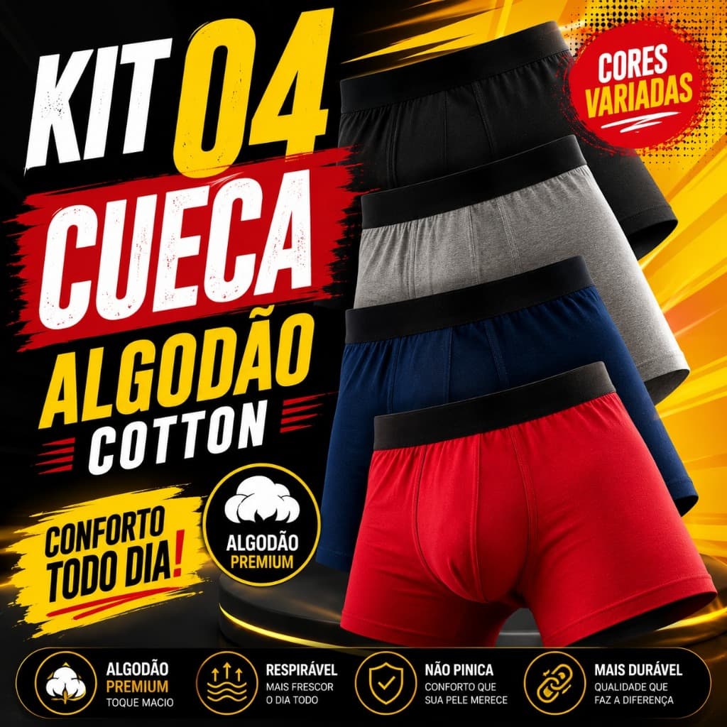 Kit 4 Cuecas Boxer Masculina Algodão Premium com Elastano Confortável Respirável Cores Variadas