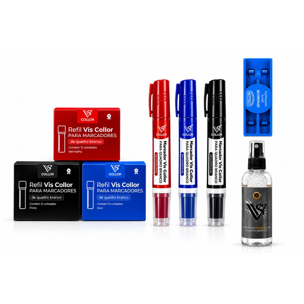 Kit Professor Vis Collor 3 Marcadores Recarregáveis + 36 Refis + Apagador + Limpador