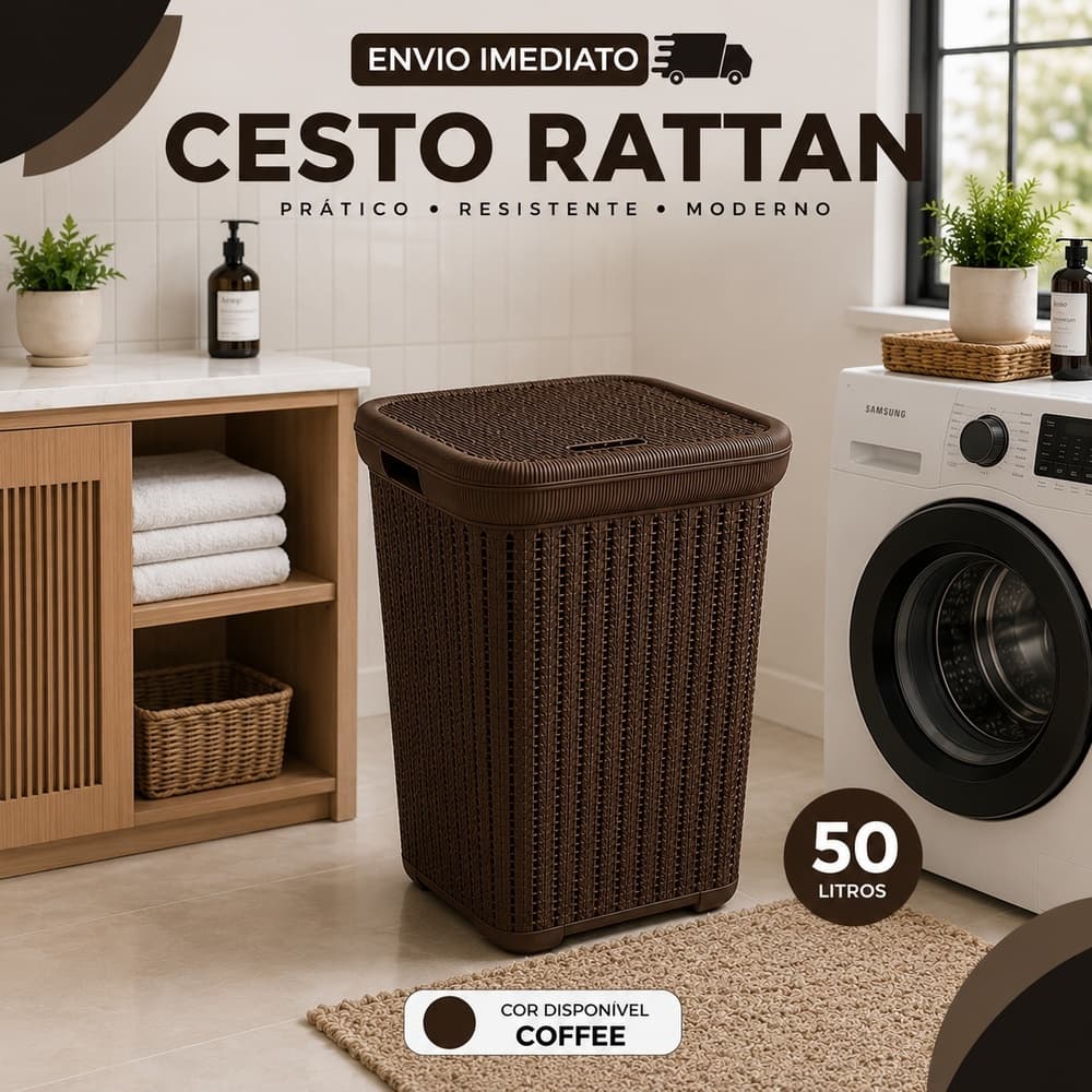 Cesto Rattan 50 Litros Coffee com Tampa Organizador Multiuso Resistente