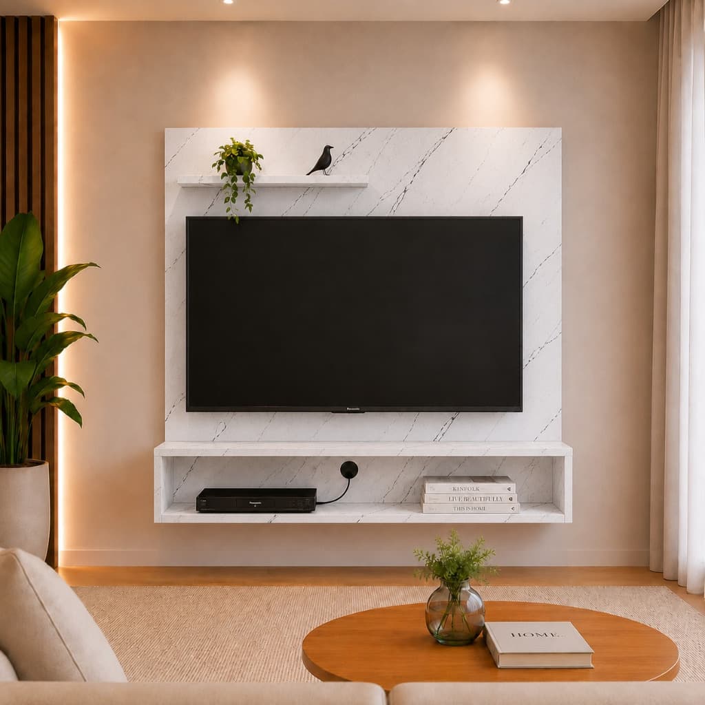 Painel Suspenso para TV até 32 Polegadas Light Moderno com Nichos Branco/Preto Marmorizado