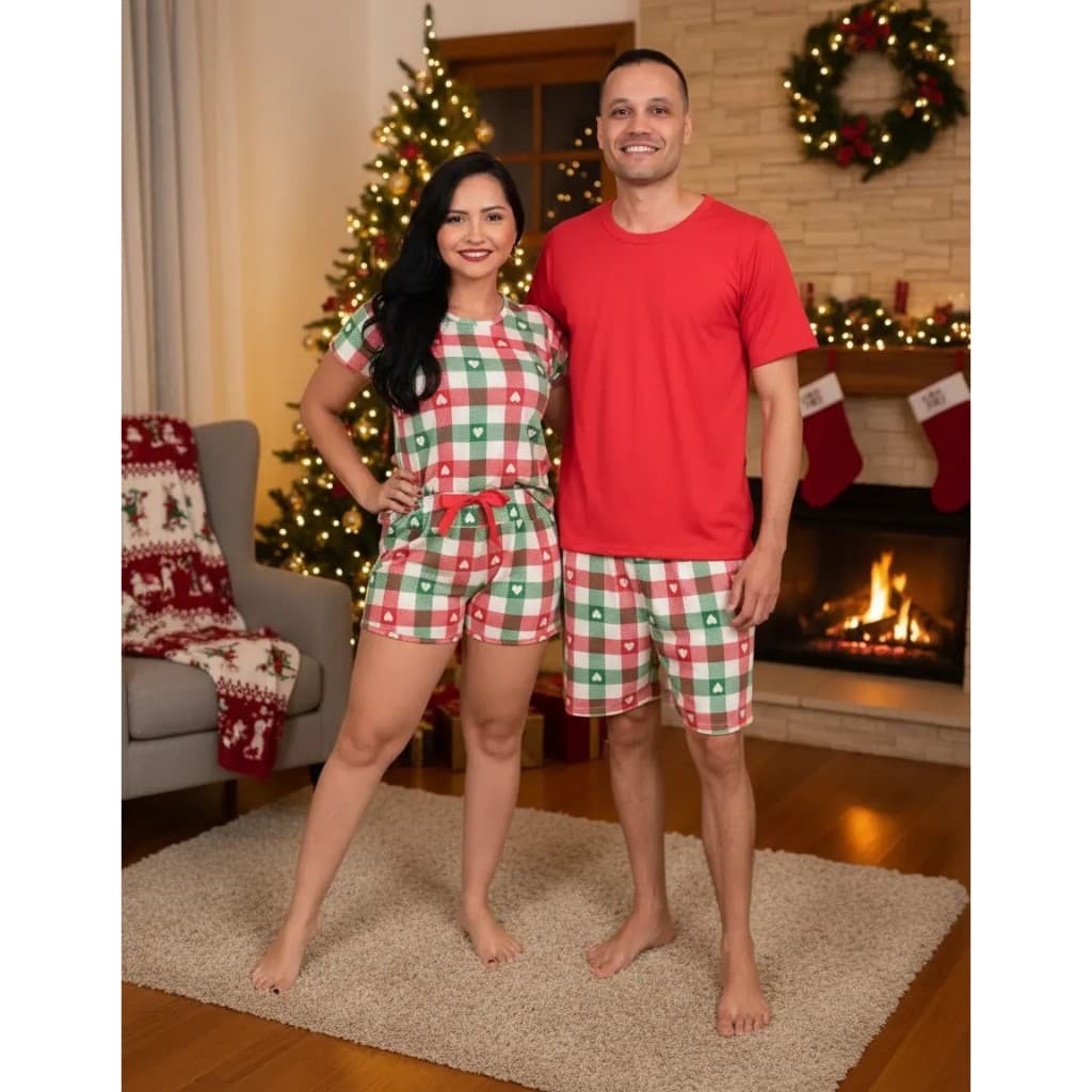 Kit Pijama Casal Namorados Adulto Combinados Amor Verão Malha