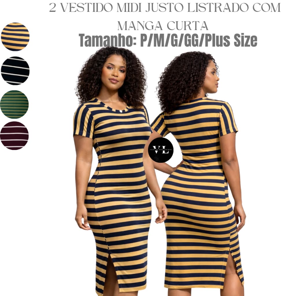 2 Vestido Midi Listrado Feminino Ajustado ao Corpo Elegante