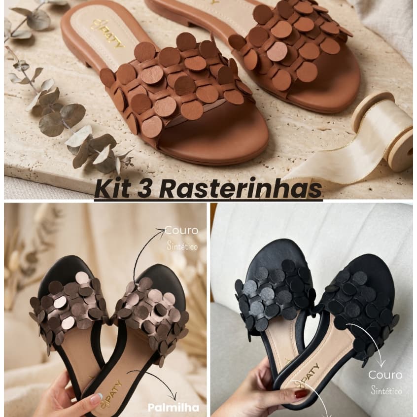Kit com 3 Pares Sandália feminina Luxo Casual dia a dia Confortável Elegante brilho antiderrapante