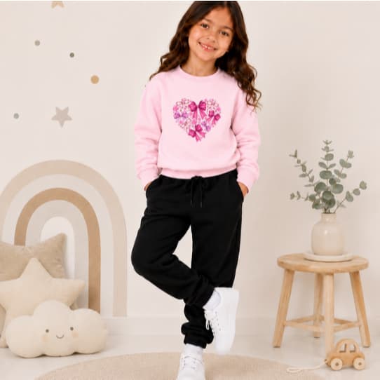 Conjunto Moletom De Frio Blusa e Calça Gola Careca Infantil Premium Estampa Coração De Laços Fofo