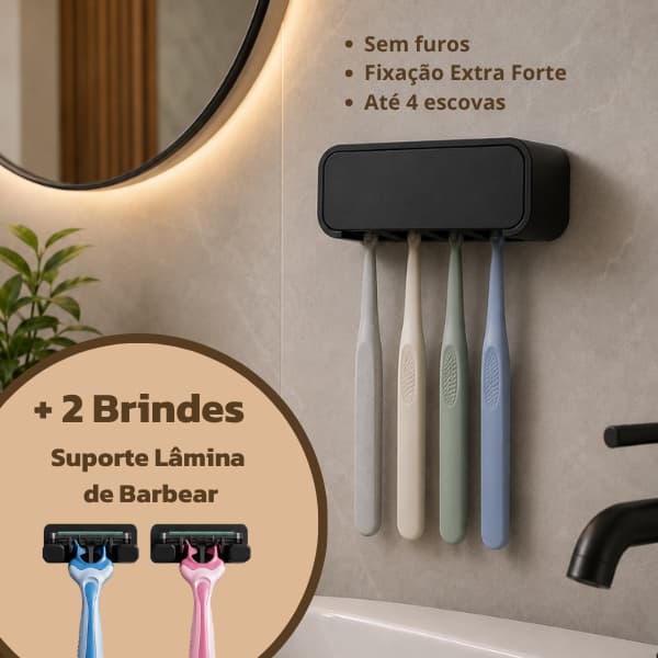 Suporte Porta Escovas de Dente | Instalação Sem Furo com Fita Extra Forte | Organizador Compacto para 4 e 2 escovas|