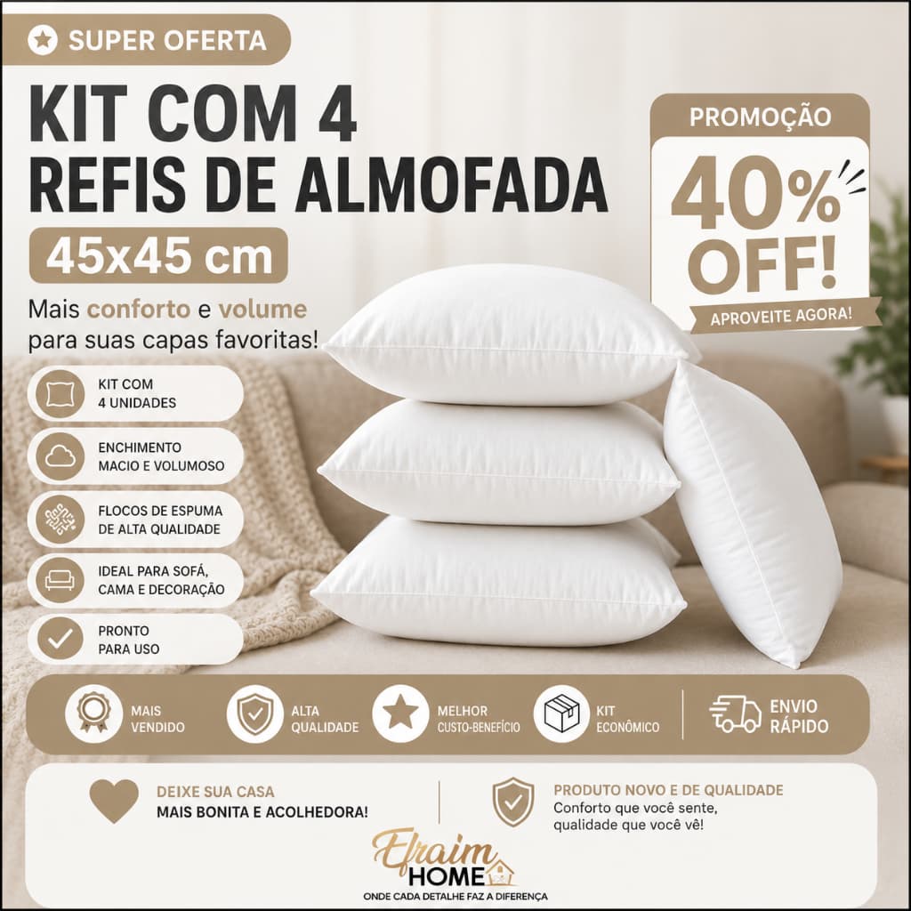 Kit Até 4 Enchimento 45x45cm Para Almofada Flocos de Espuma Macia Antialérgica P/ Sofá Camas Decorativa TNT Premium