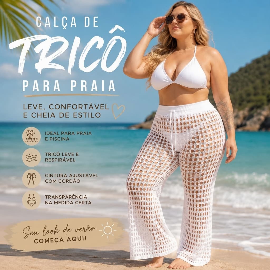 Saida de Praia Calça Tricot Plus Size Piscina Moda Verão Trico Vazado Tamanho Unico e Unico Plus