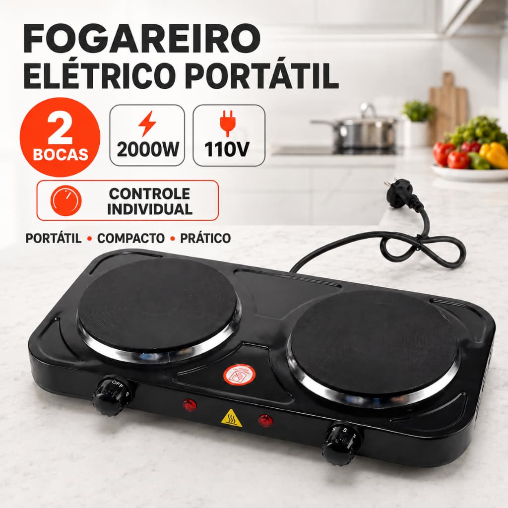 Fogão Fogareiro Elétrico Portátil Camping Mesa 110V Inox 2 Boca 2000W Potência Cooktop De Mesa PRETO